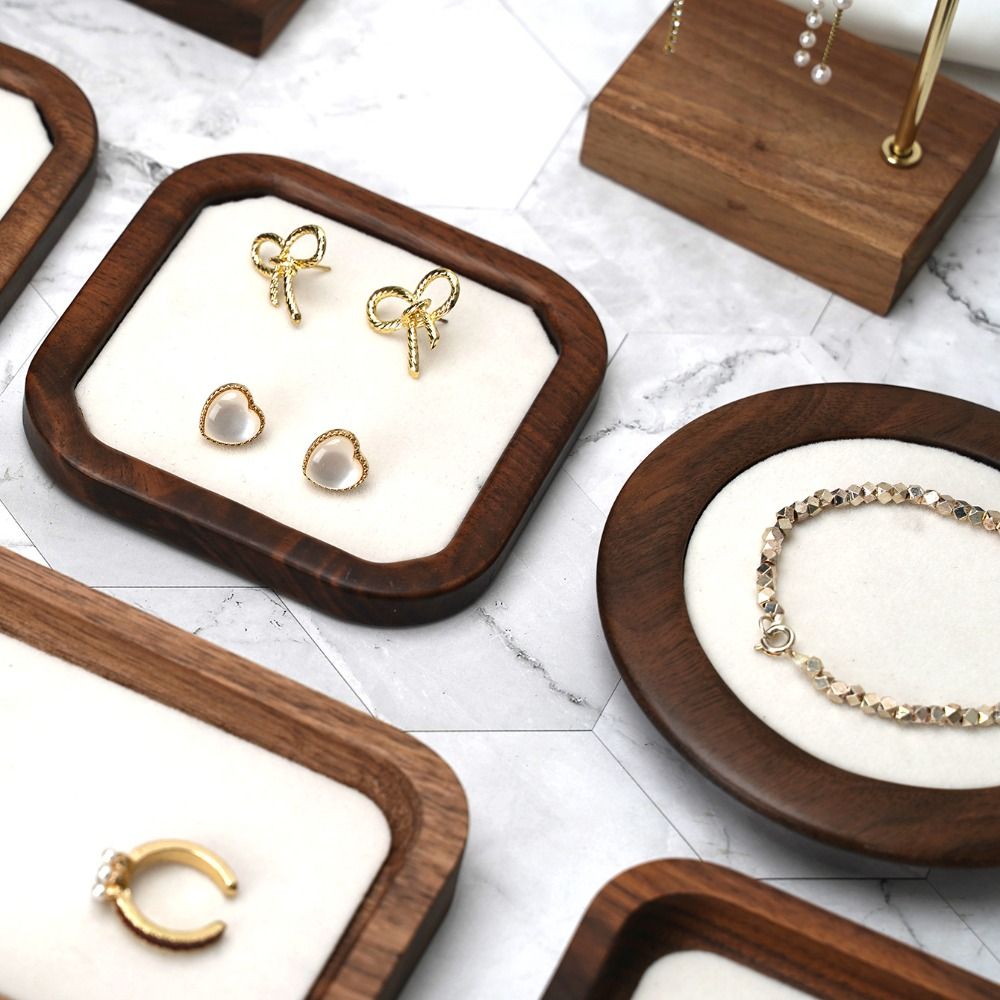 Jewelry Making Organizer - Basit Geometrik Ahşap Halka Tepsisi Kadife